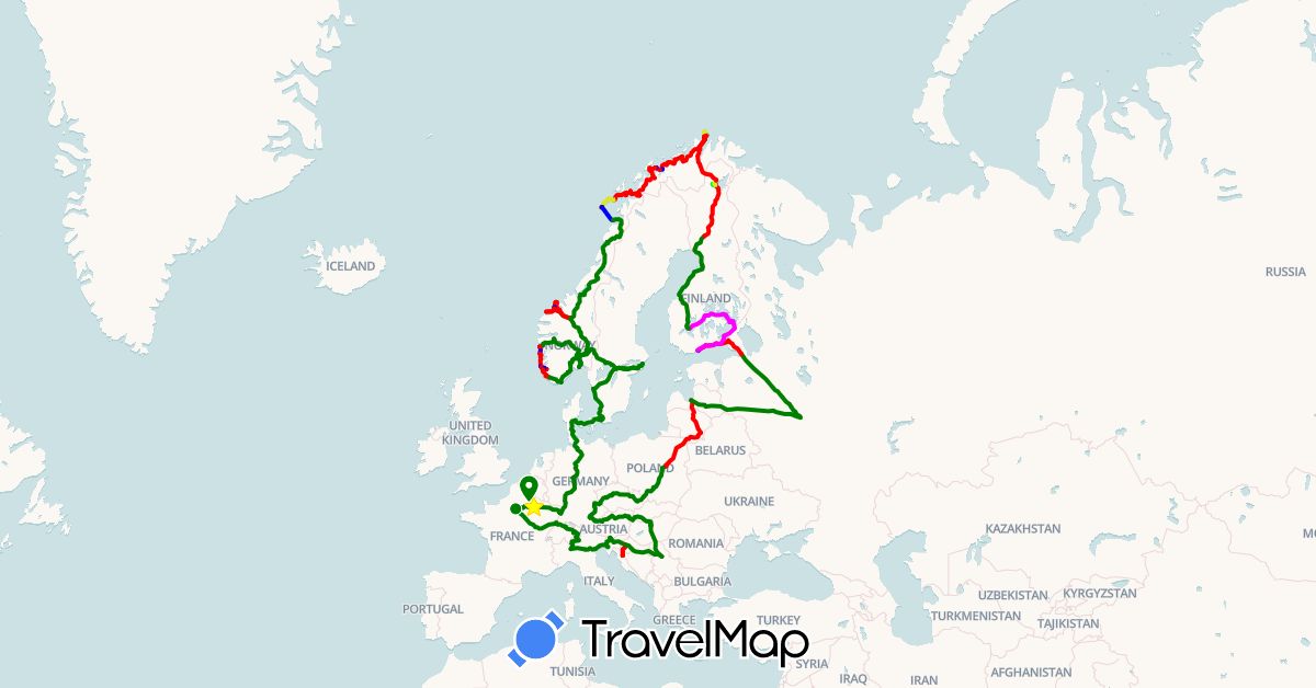 TravelMap itinerary: driving, train, bus, a pied, bateau, voiture, vélo, en stop in Austria, Switzerland, Czech Republic, Germany, Denmark, Finland, France, Croatia, Hungary, Italy, Lithuania, Latvia, Norway, Poland, Serbia, Russia, Sweden, Slovenia, Slovakia (Europe)